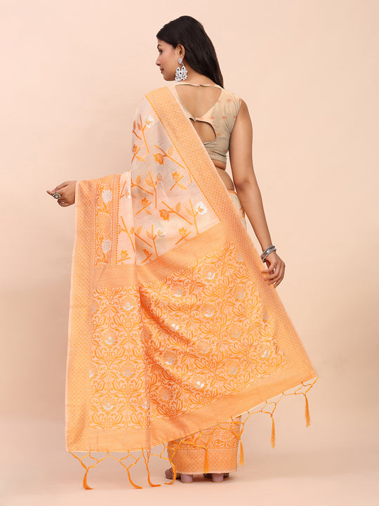 Orange Linen Cotton Saree With Blouse Piece
