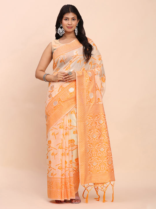 Orange Linen Cotton Saree With Blouse Piece