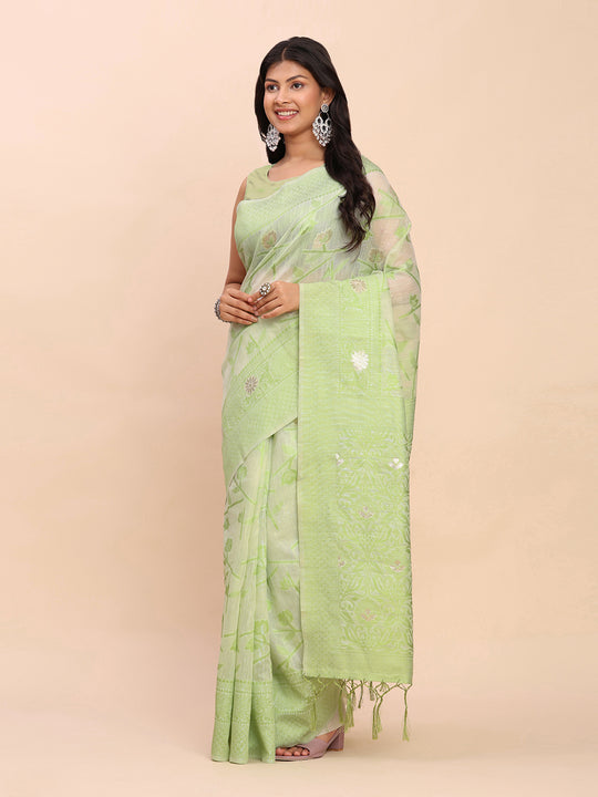 Light Green Linen Cotton Saree With Blouse Piece
