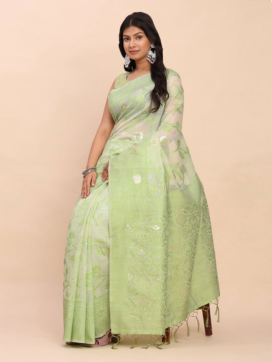 Light Green Linen Cotton Saree With Blouse Piece