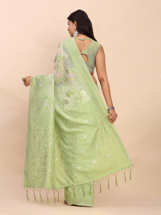 Light Green Linen Cotton Saree With Blouse Piece