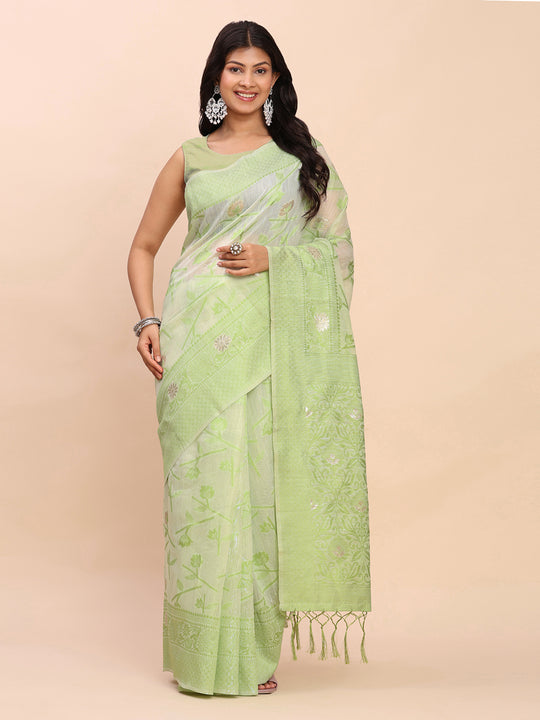 Light Green Linen Cotton Saree With Blouse Piece