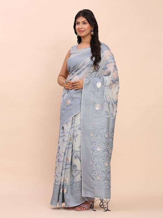 Grey Linen Cotton Saree With Blouse Piece