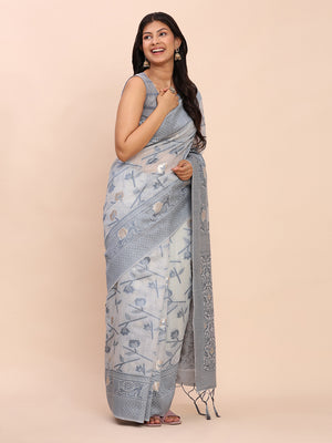 Grey Linen Cotton Saree With Blouse Piece