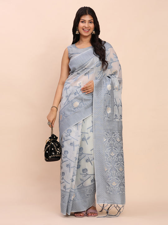 Grey Linen Cotton Saree With Blouse Piece