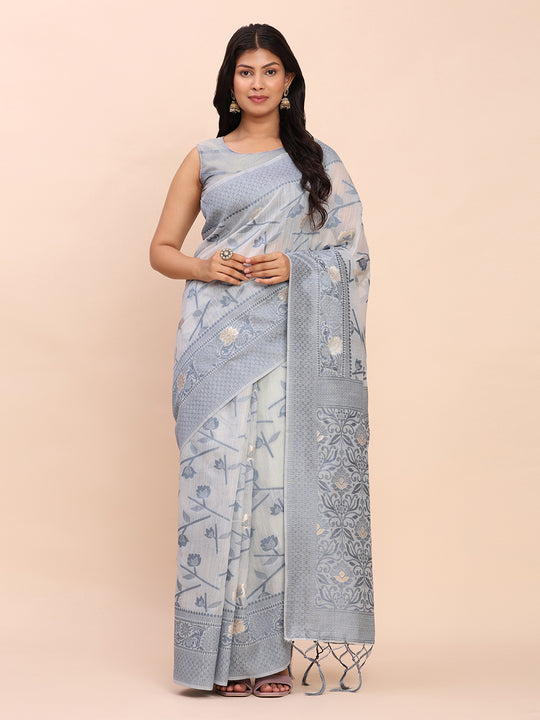 Grey Linen Cotton Saree With Blouse Piece