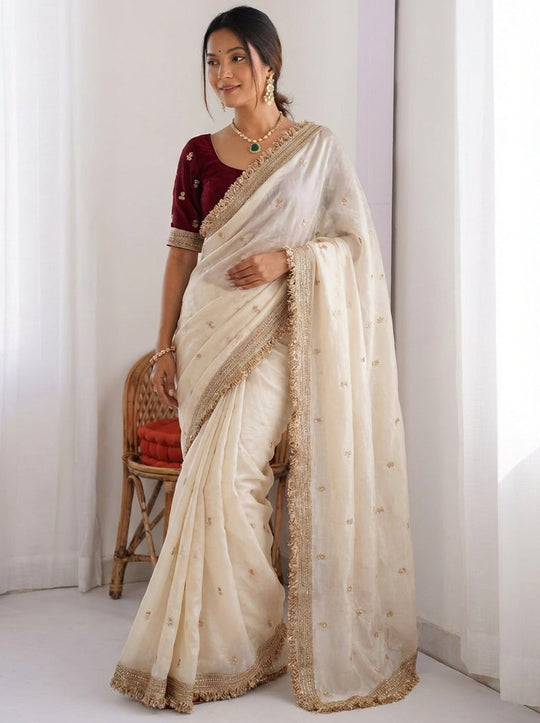 embellished embroidered zari satin saree