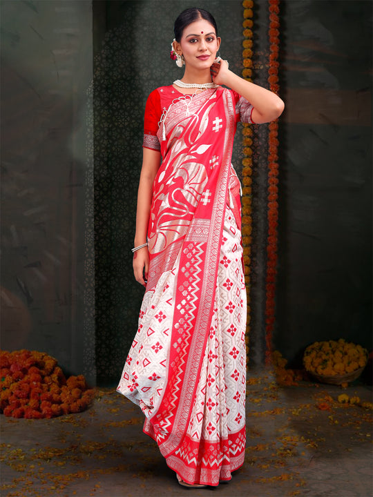 Red & White Linen Cotton Saree With Blouse Piece