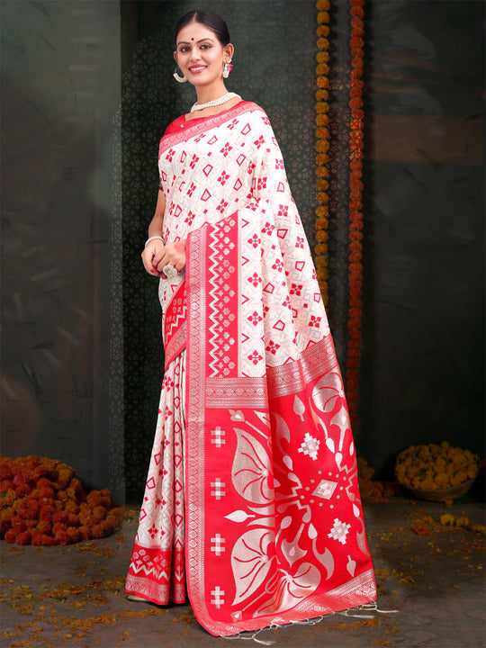 Red & White Linen Cotton Saree With Blouse Piece