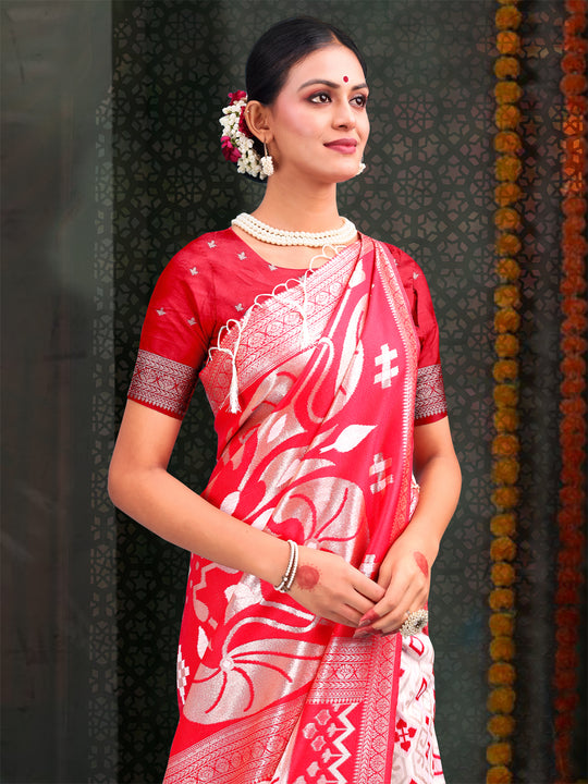 Red & White Linen Cotton Saree With Blouse Piece