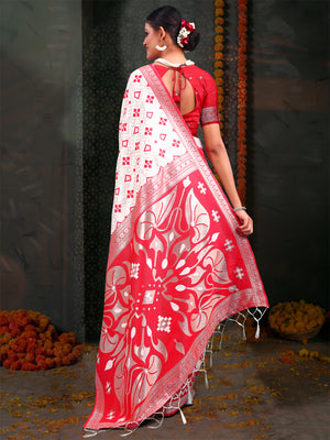 Red & White Linen Cotton Saree With Blouse Piece
