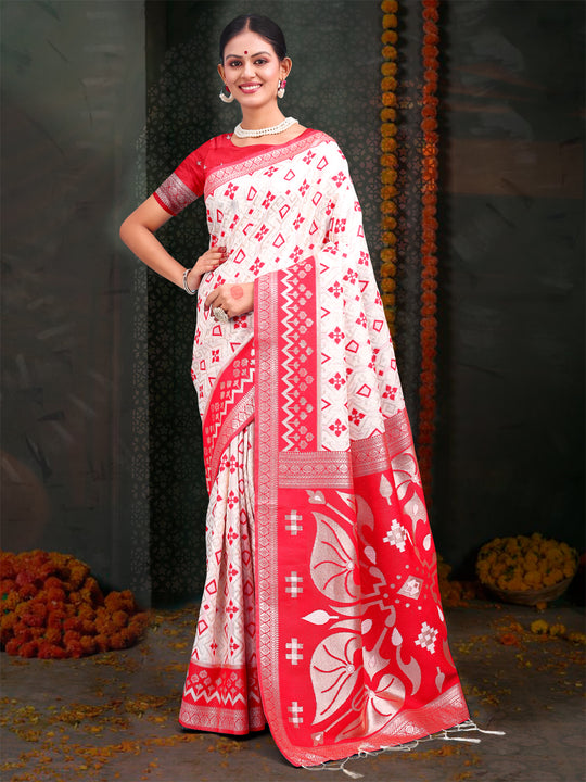 Red & White Linen Cotton Saree With Blouse Piece