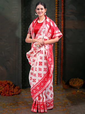 Red & White Linen Cotton Saree With Blouse Piece