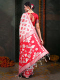 Red & White Linen Cotton Saree With Blouse Piece