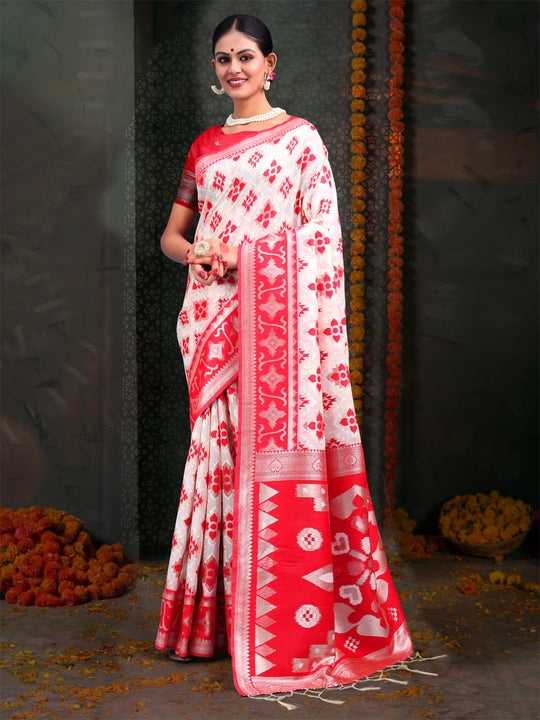 Red & White Linen Cotton Saree With Blouse Piece