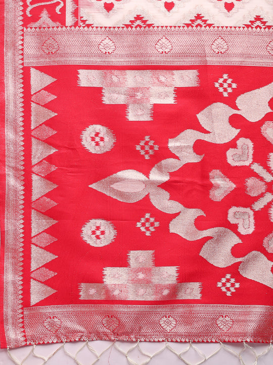 Red & White Linen Cotton Saree With Blouse Piece