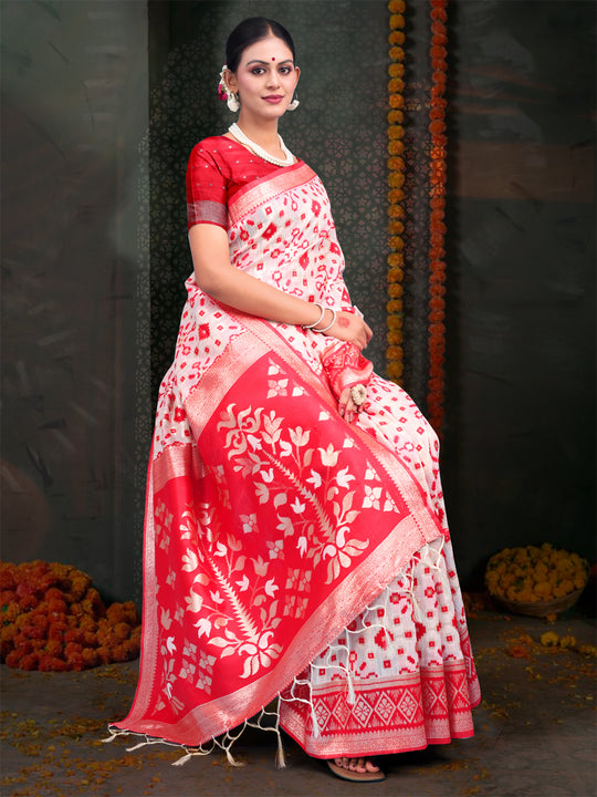Red & White Linen Cotton Saree With Blouse Piece