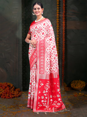 Red & White Linen Cotton Saree With Blouse Piece