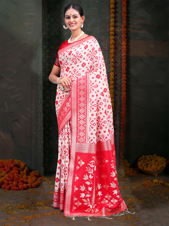 Red & White Linen Cotton Saree With Blouse Piece