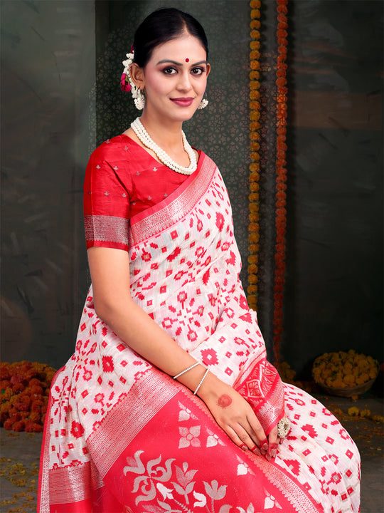 Red & White Linen Cotton Saree With Blouse Piece