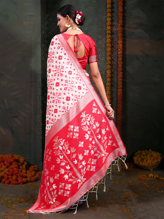 Red & White Linen Cotton Saree With Blouse Piece