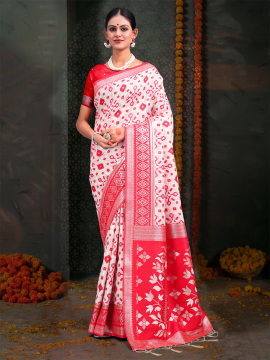 Red & White Linen Cotton Saree With Blouse Piece