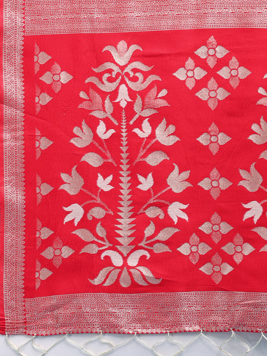 Red & White Linen Cotton Saree With Blouse Piece