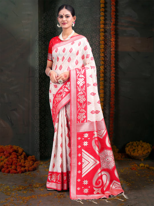 Red & White Linen Cotton Saree With Blouse Piece