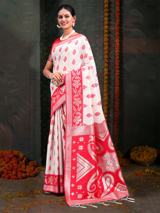 Red & White Linen Cotton Saree With Blouse Piece