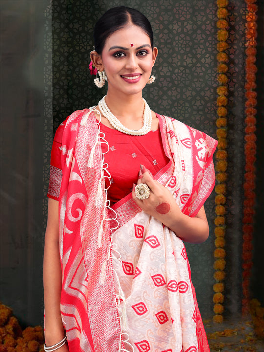 Red & White Linen Cotton Saree With Blouse Piece