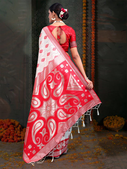 Red & White Linen Cotton Saree With Blouse Piece