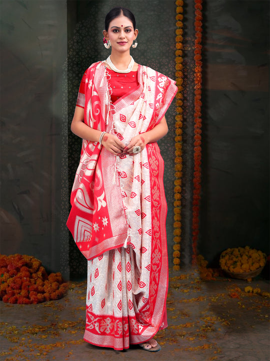 Red & White Linen Cotton Saree With Blouse Piece