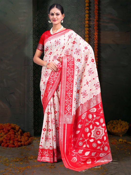 Red & White Linen Cotton Saree With Blouse Piece