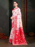 Red & White Linen Cotton Saree With Blouse Piece
