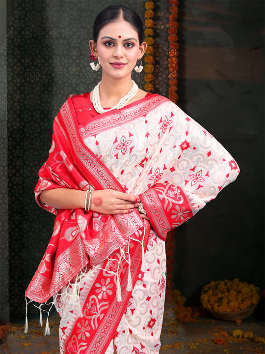 Red & White Linen Cotton Saree With Blouse Piece
