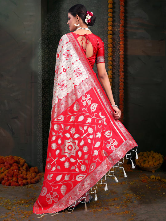 Red & White Linen Cotton Saree With Blouse Piece