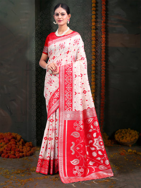 Red & White Linen Cotton Saree With Blouse Piece