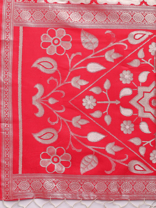 Red & White Linen Cotton Saree With Blouse Piece