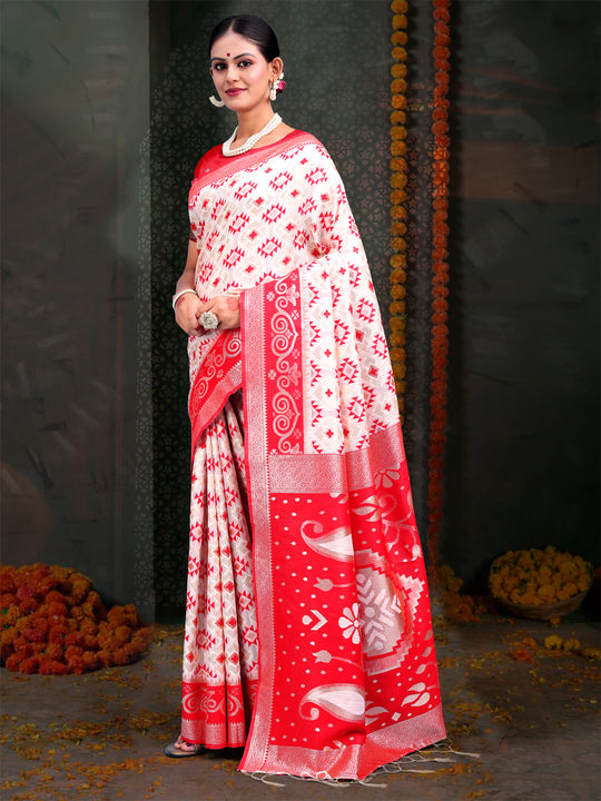 Red & White Linen Cotton Saree With Blouse Piece