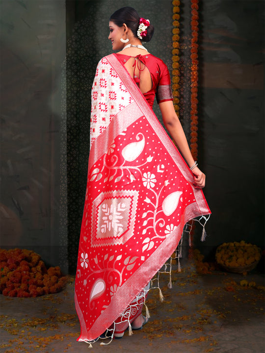 Red & White Linen Cotton Saree With Blouse Piece