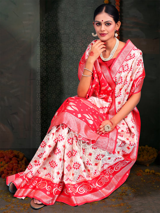 Red & White Linen Cotton Saree With Blouse Piece