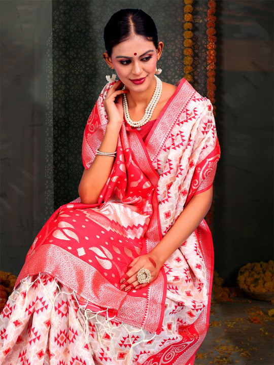 Red & White Linen Cotton Saree With Blouse Piece