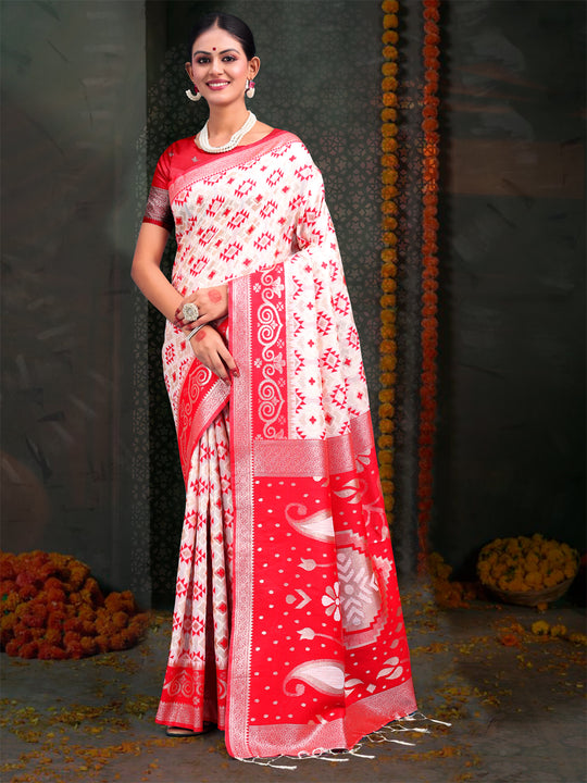 Red & White Linen Cotton Saree With Blouse Piece