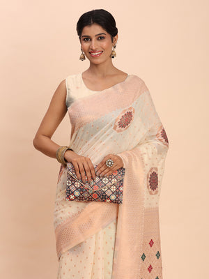 Off White Linen Cotton Saree With Blouse Piece