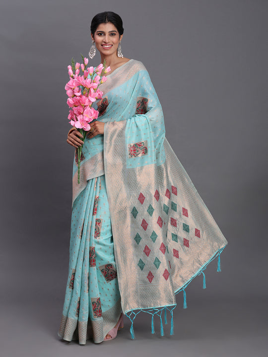 Sky Blue Linen Cotton Saree With Blouse Piece