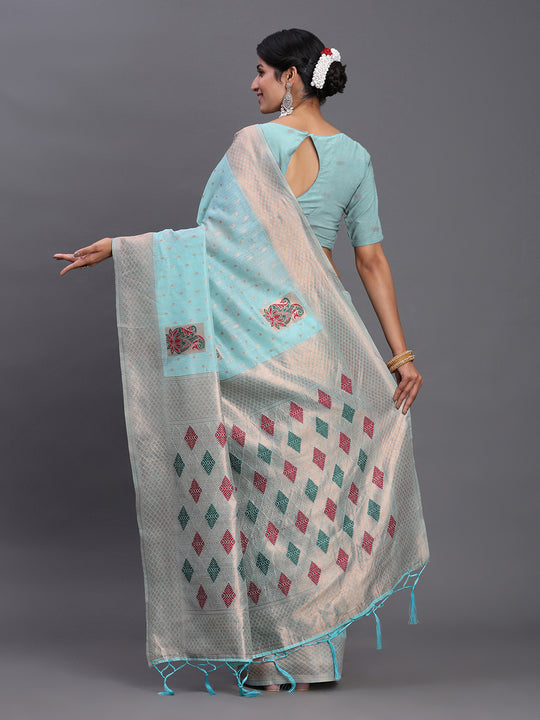Sky Blue Linen Cotton Saree With Blouse Piece