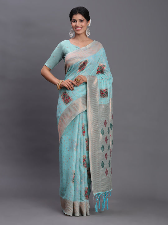 Sky Blue Linen Cotton Saree With Blouse Piece