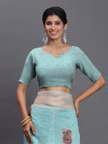 Sky Blue Linen Cotton Saree With Blouse Piece