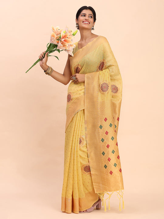 Yellow Linen Cotton Saree With Blouse Piece