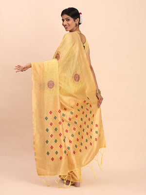 Yellow Linen Cotton Saree With Blouse Piece
